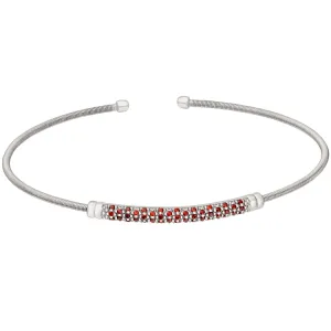 Rhodium Finish Sterling Silver Cable Cuff Bracelet with Three Rows of Simulated Ruby Birth Gems - July