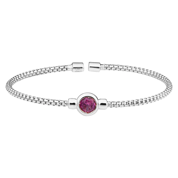 Rhodium Finish Sterling Silver Rounded Box Link Cuff Bracelet with Bezel Set Simulated Ruby Birth Gem