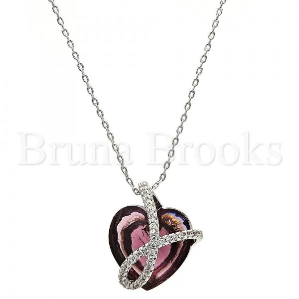 Rhodium Plated Fancy Necklace, Heart Design, with Swarovski Crystals and Micro Pave, Rhodium Tone