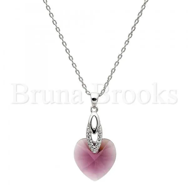 Rhodium Plated Fancy Necklace, Heart Design, with Swarovski Crystals and Micro Pave, Rhodium Tone