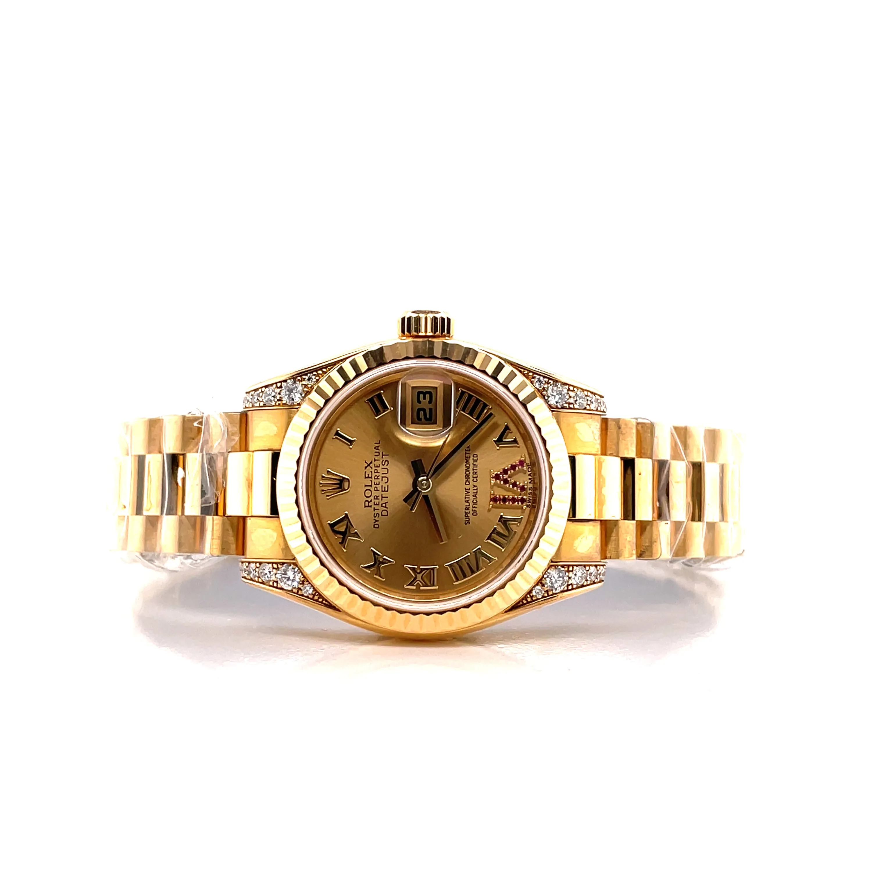 Rolex Lady-Datejust 26mm Yellow Gold Champagne Roman and Factory Ruby Dial 179238 Unworn Box and Papers