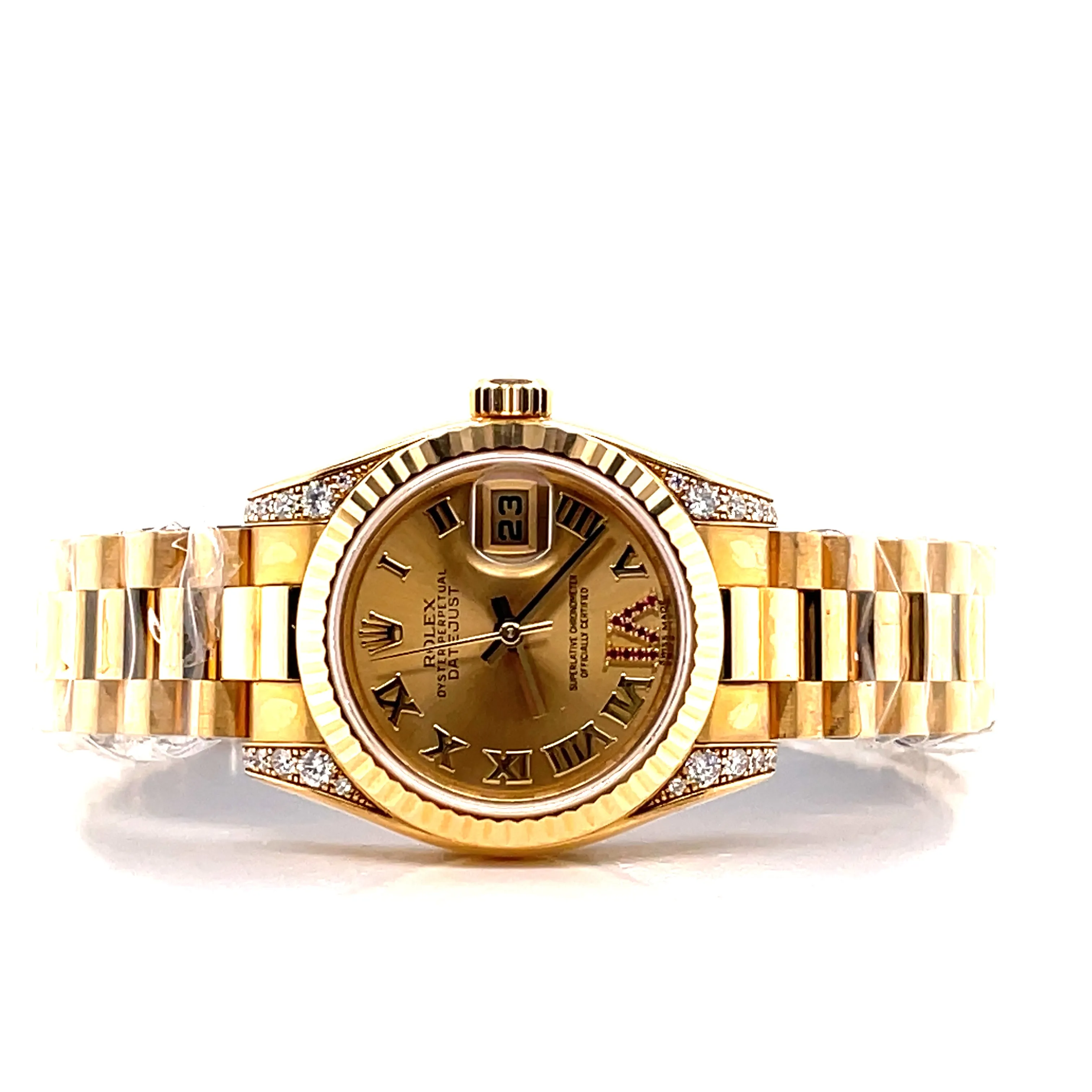 Rolex Lady-Datejust 26mm Yellow Gold Champagne Roman and Factory Ruby Dial 179238 Unworn Box and Papers