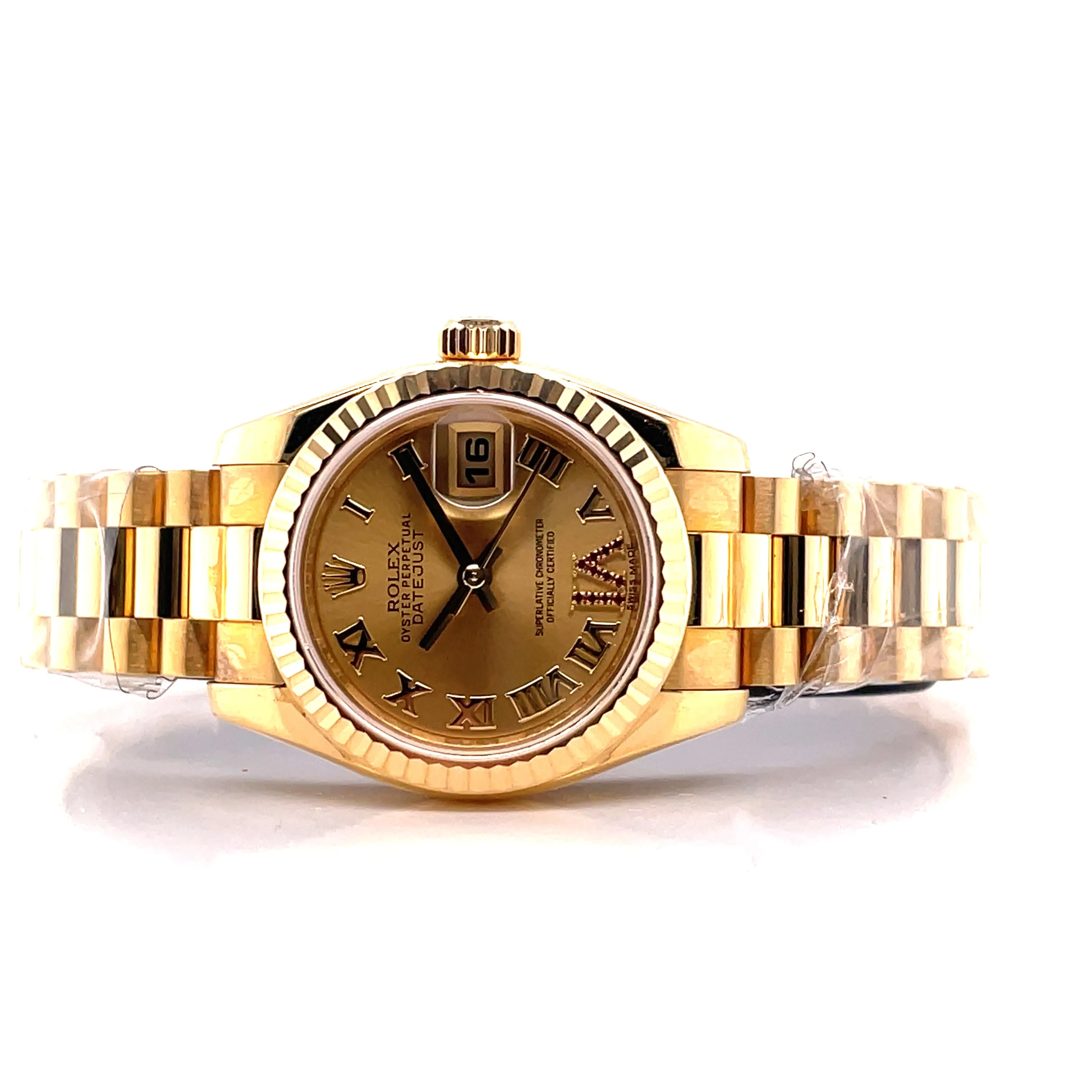 Rolex Lady-Datejust Yellow Gold Champagne Roman and Factory Ruby Dial 179178 Unworn Box and Papers