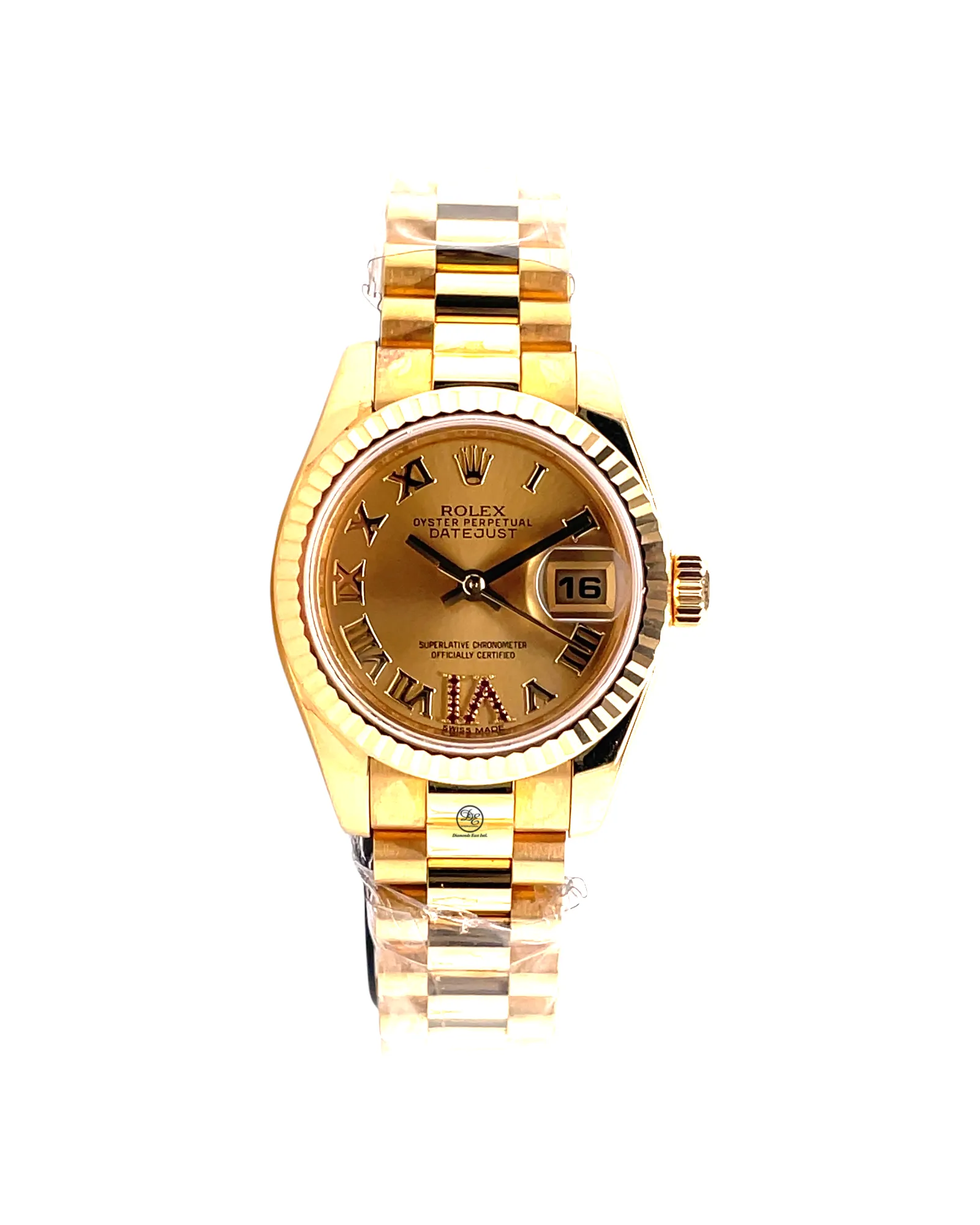 Rolex Lady-Datejust Yellow Gold Champagne Roman and Factory Ruby Dial 179178 Unworn Box and Papers