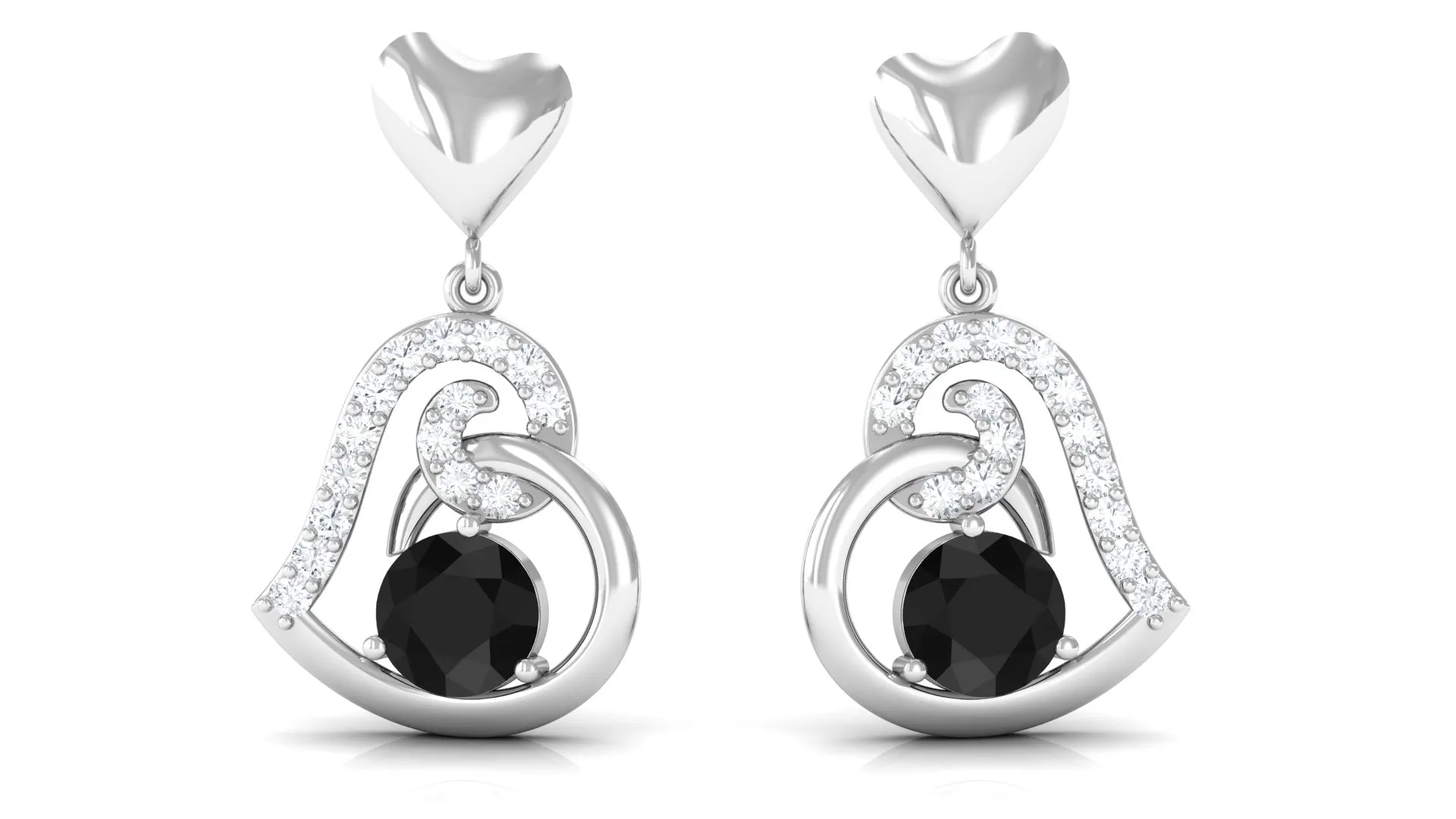 Round Created Black Diamond Heart Drop Earrings with Diamond