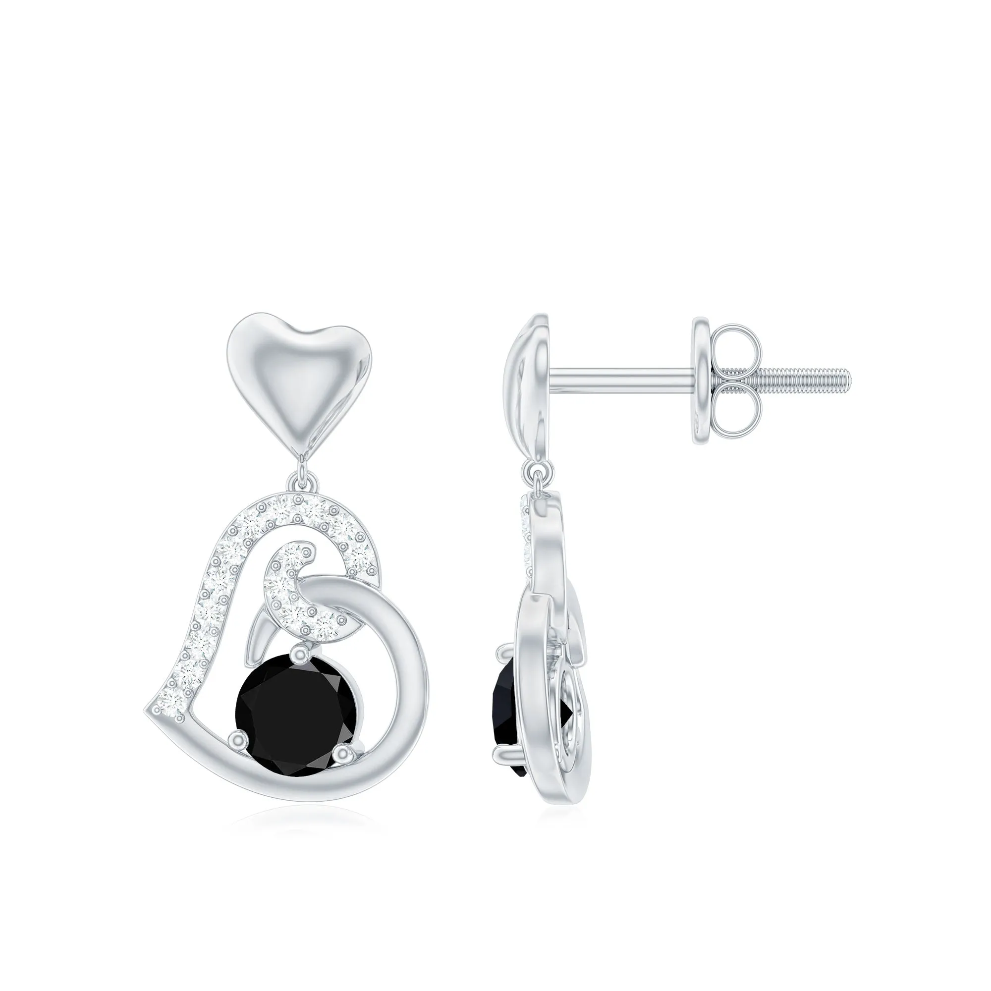 Round Created Black Diamond Heart Drop Earrings with Diamond