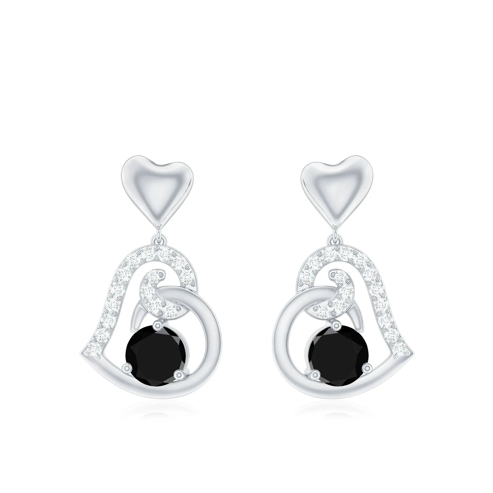 Round Created Black Diamond Heart Drop Earrings with Diamond