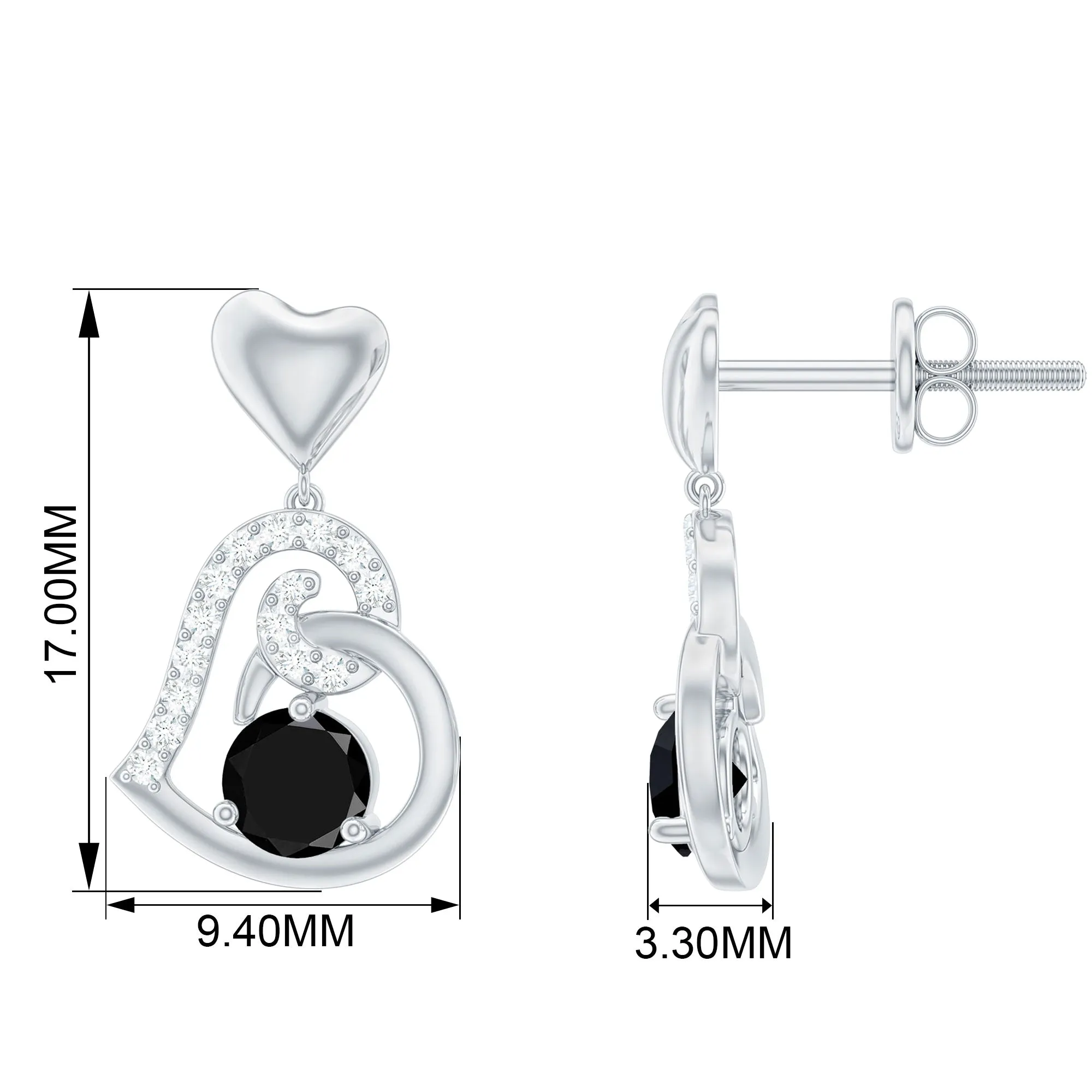 Round Created Black Diamond Heart Drop Earrings with Diamond
