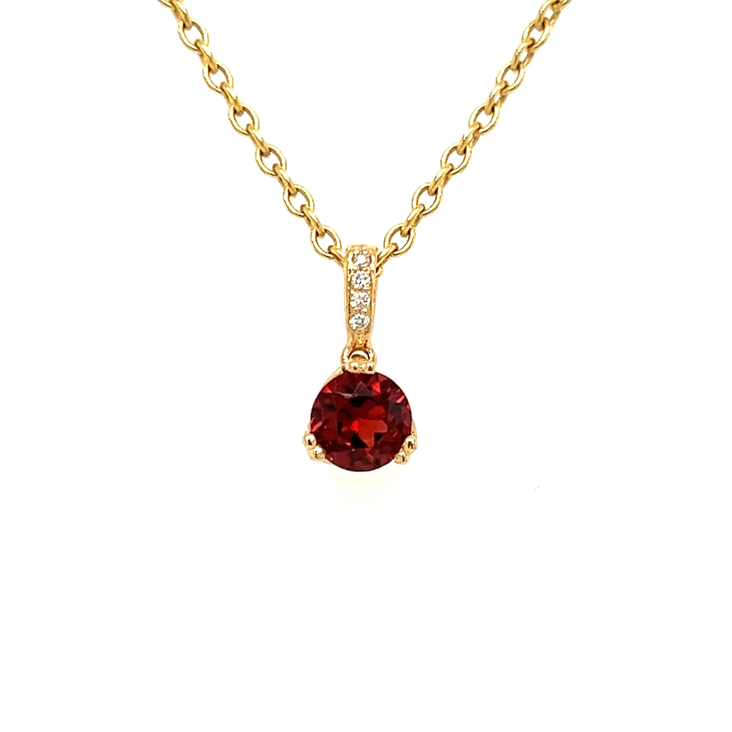 Round Garnet Pendant with Four Diamonds in 14K Yellow Gold