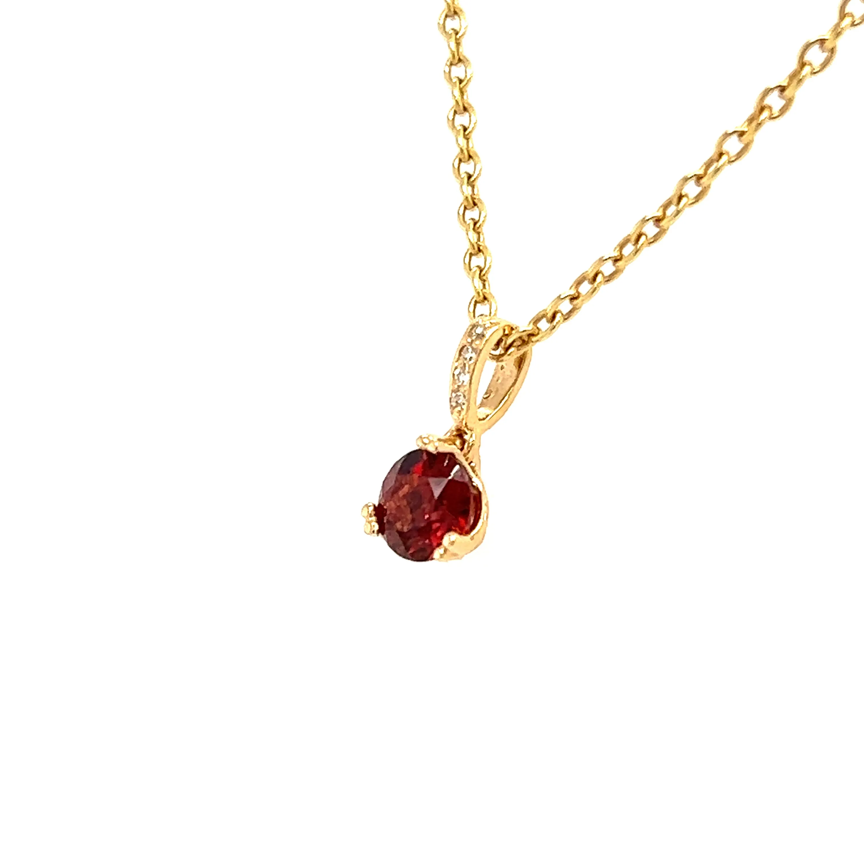 Round Garnet Pendant with Four Diamonds in 14K Yellow Gold