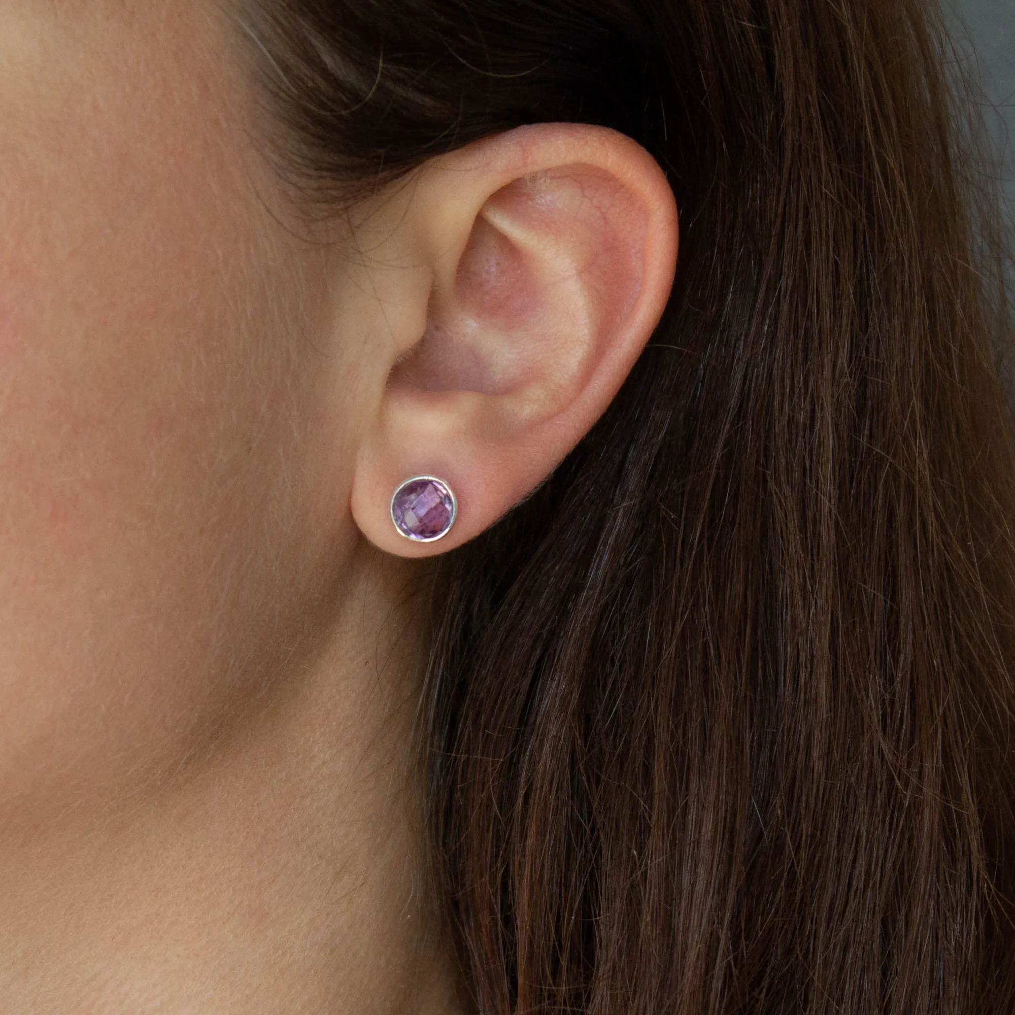 Round Gemstone Stud Earrings in Silver