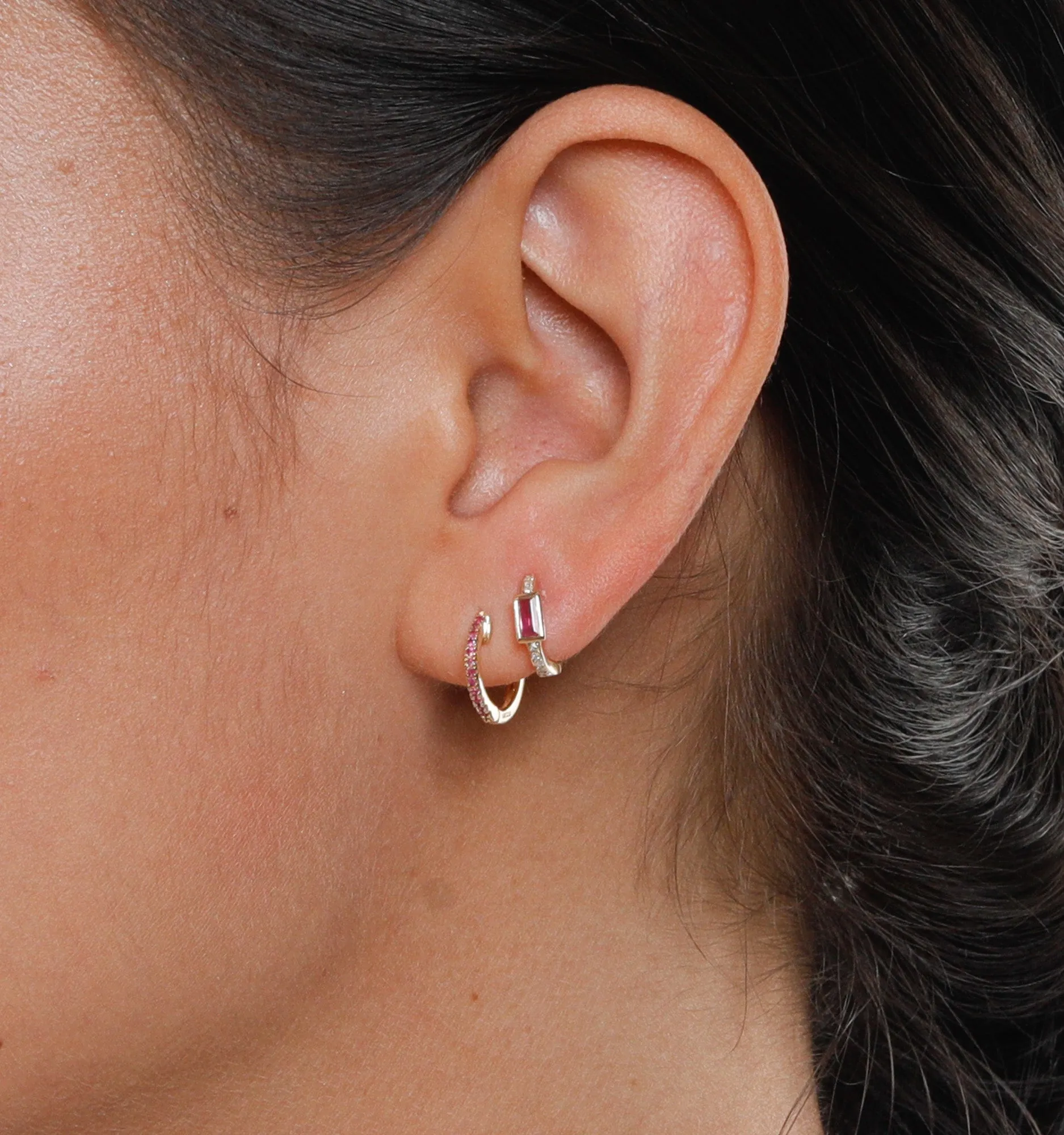 Ruby Baguette Diamond Hoops In 14K Solid Gold