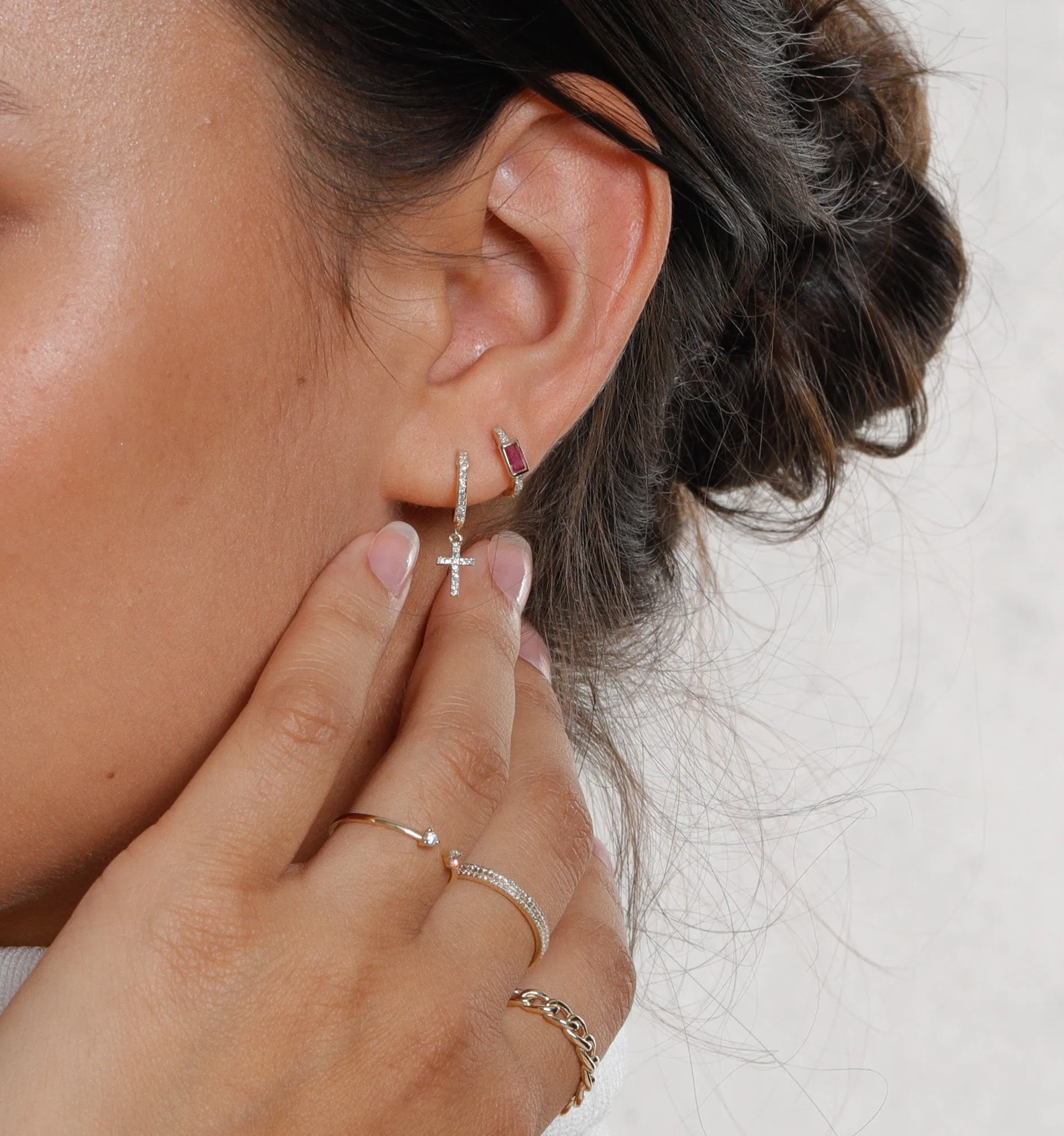Ruby Baguette Diamond Hoops In 14K Solid Gold