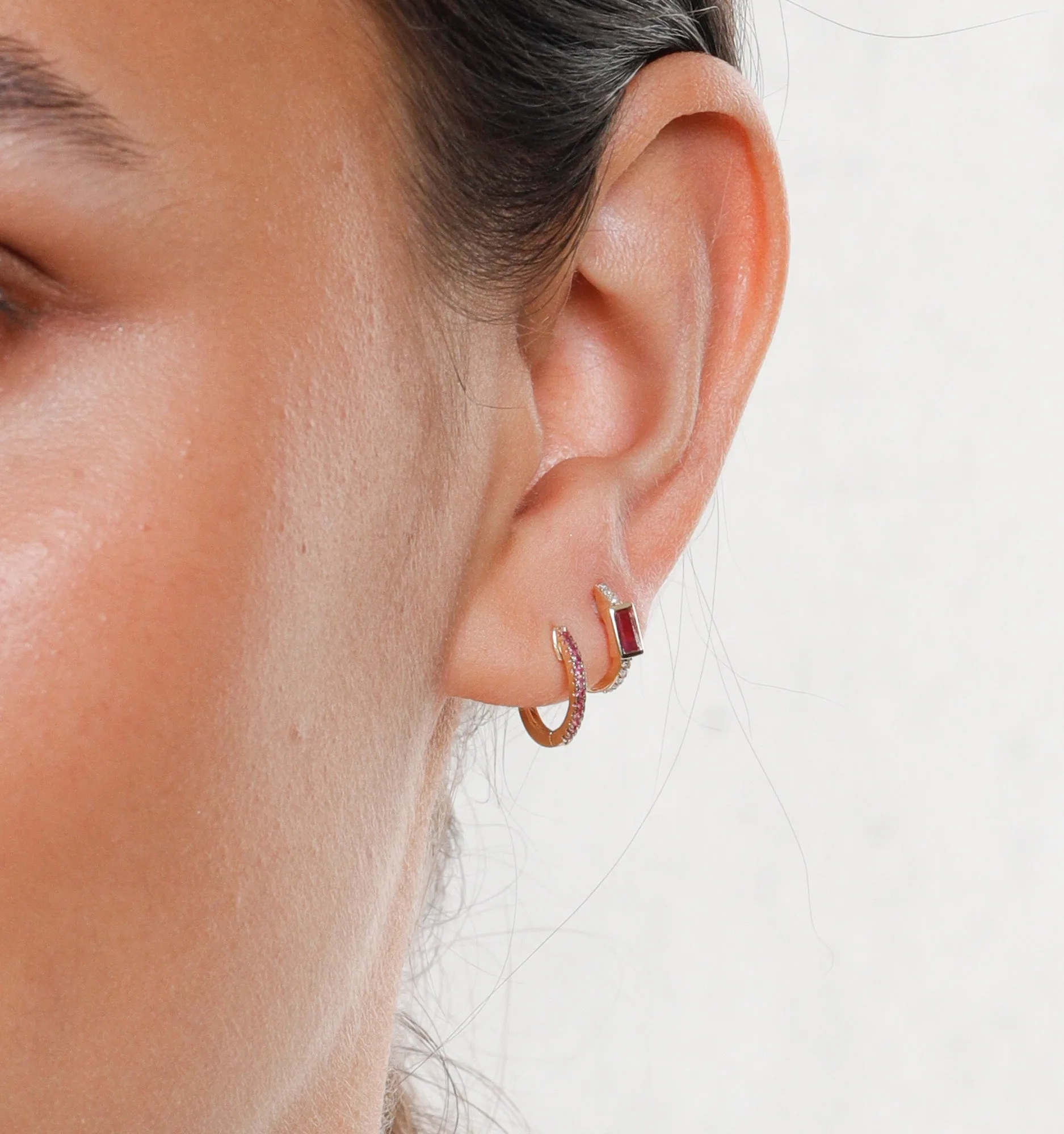 Ruby Baguette Diamond Hoops In 14K Solid Gold