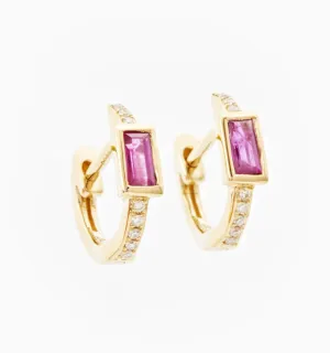 Ruby Baguette Diamond Hoops In 14K Solid Gold