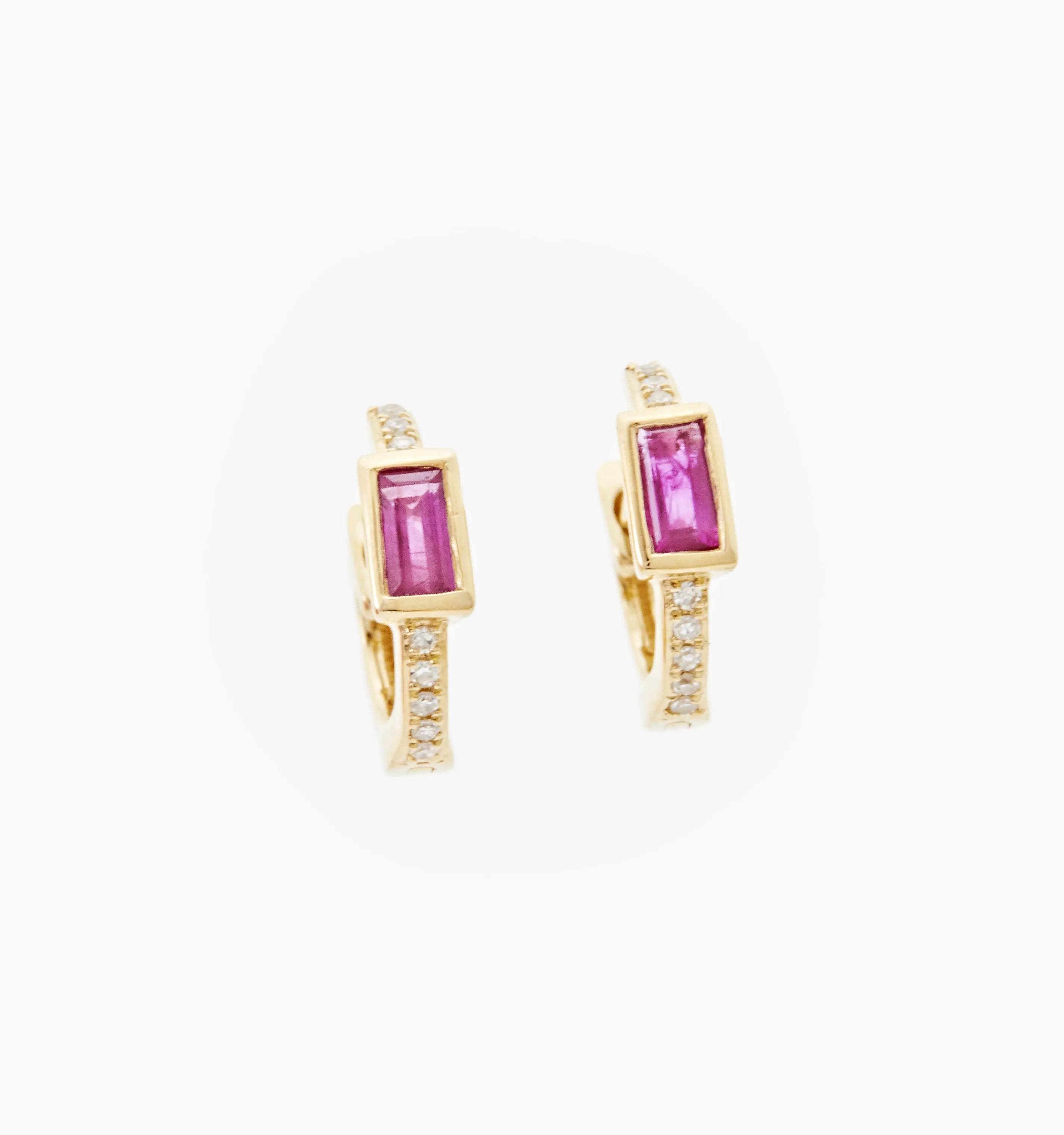 Ruby Baguette Diamond Hoops In 14K Solid Gold