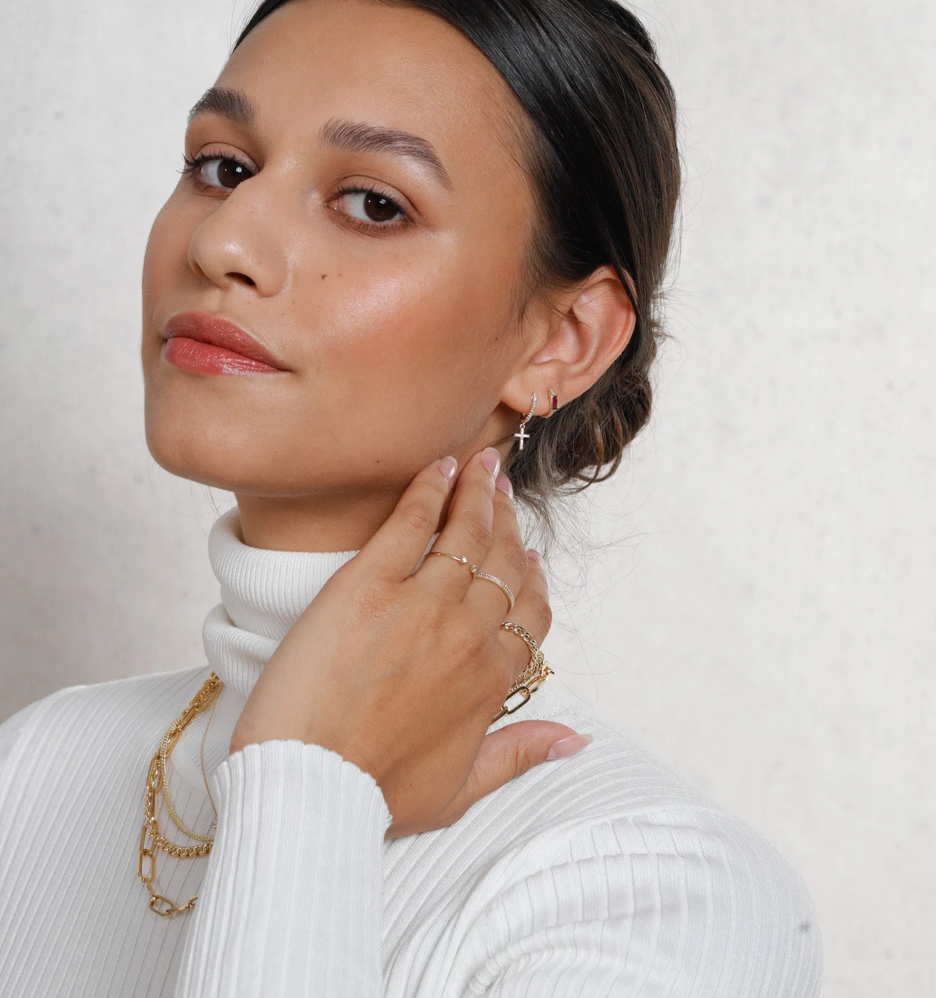 Ruby Baguette Diamond Hoops In 14K Solid Gold