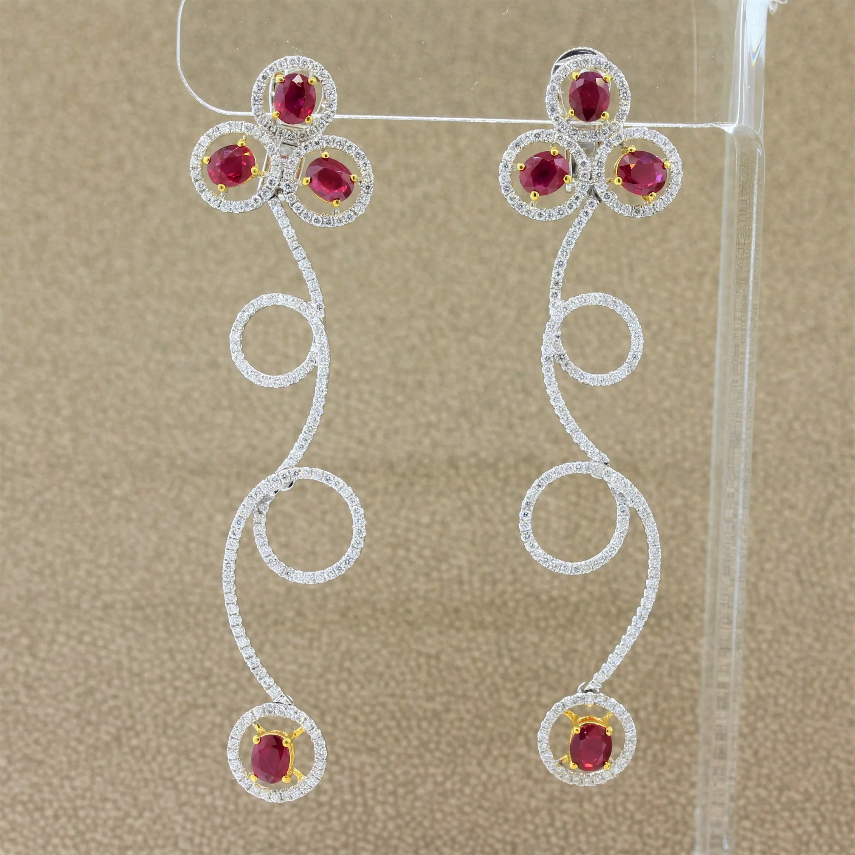 Ruby Diamond Gold Drop Spiral Earrings