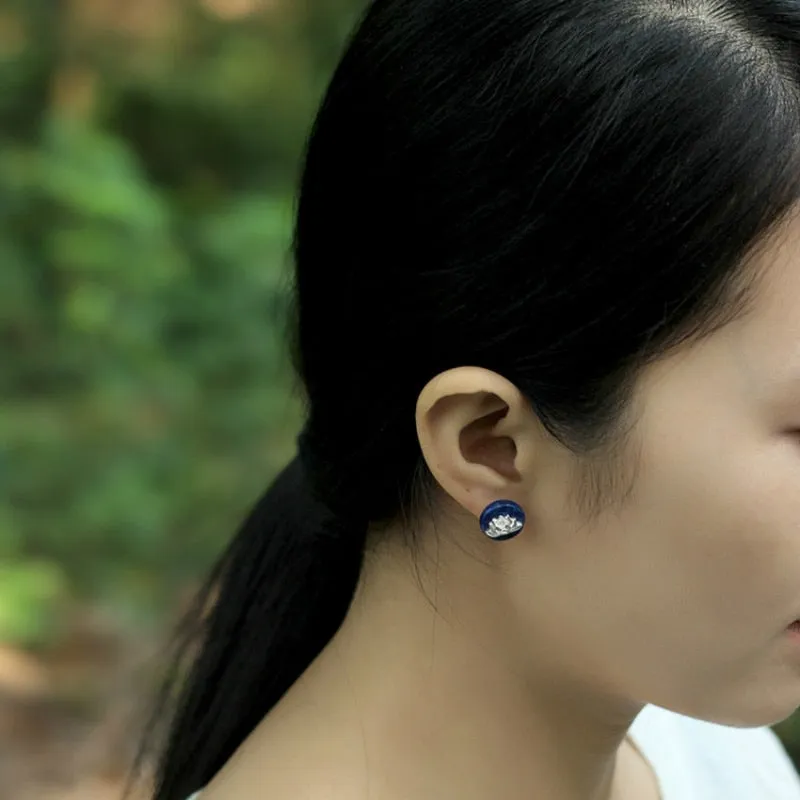 S925 Pure Silver Stud Earrings for Women, Handmade Lapis Lazuli Lotus Round