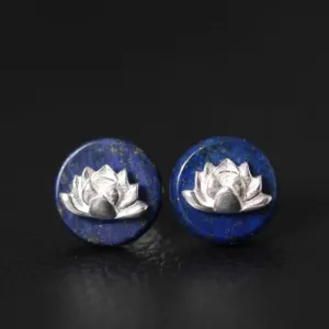 S925 Pure Silver Stud Earrings for Women, Handmade Lapis Lazuli Lotus Round
