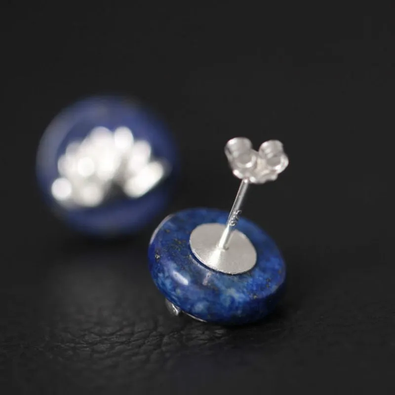 S925 Pure Silver Stud Earrings for Women, Handmade Lapis Lazuli Lotus Round
