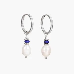 Silver Lapis Lazuli Pearl Hoop Earrings