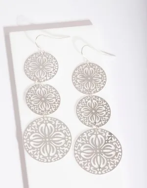 Silver Tri Disc Filigree Drop Earrings