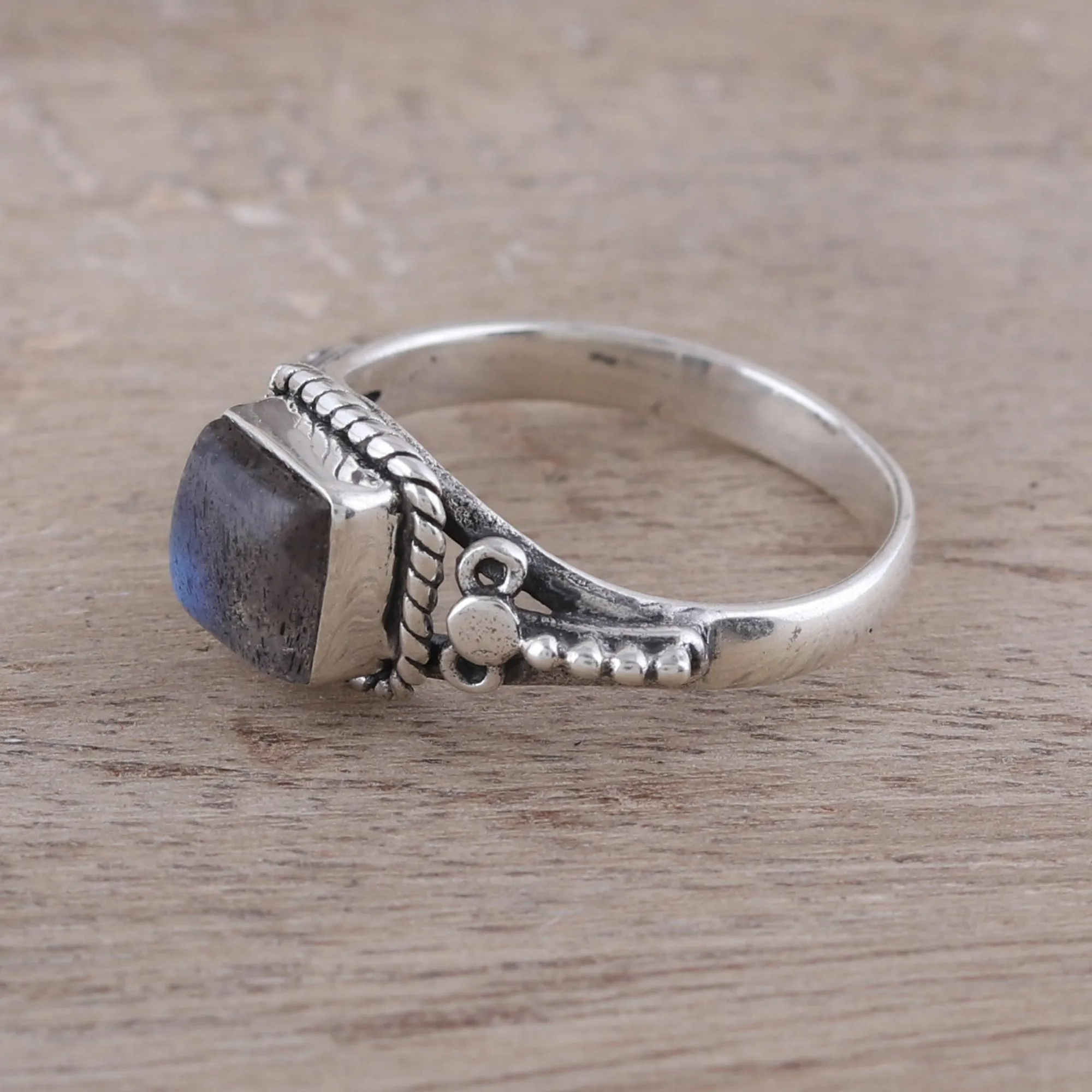 Square Labradorite Cocktail Ring Crafted in India - Misty Depths | NOVICA