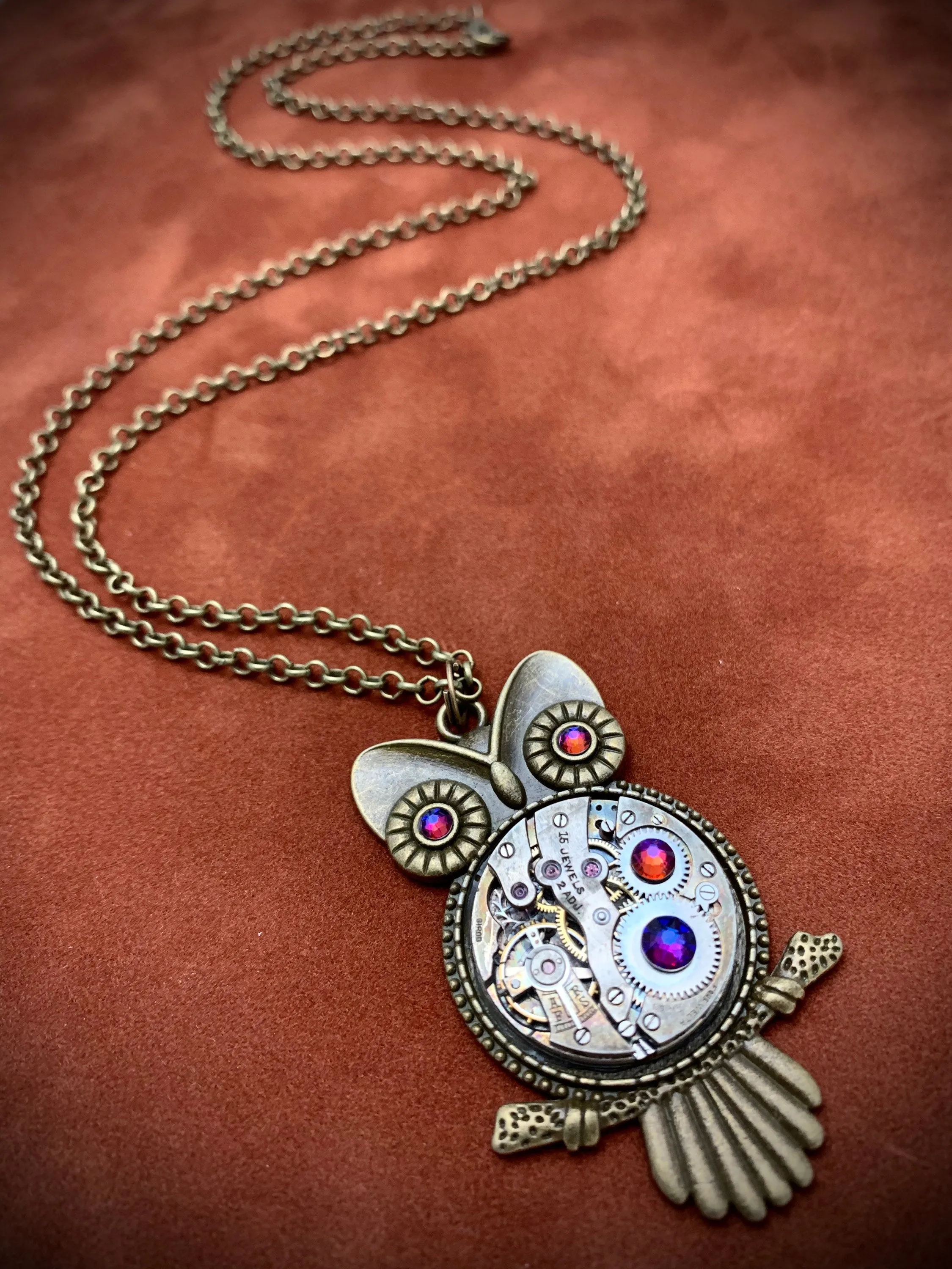 Steampunk Pendant , Who's Time , Steampunk Necklace , Owl pendant , With Borealis Swarovski Crystals in Volcano