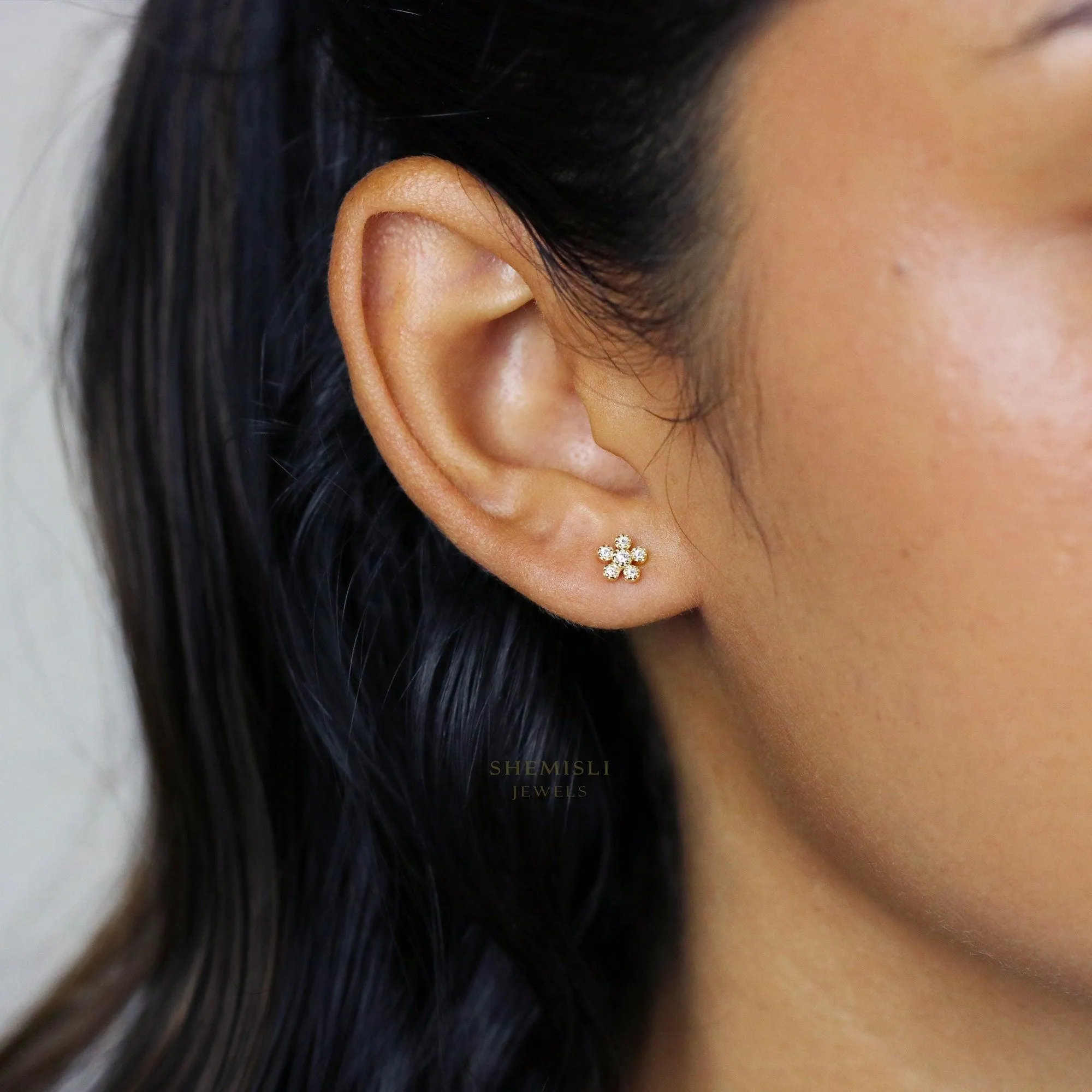 Tiny CZ Flower Studs Earrings, Gold, Silver SHEMISLI SS135