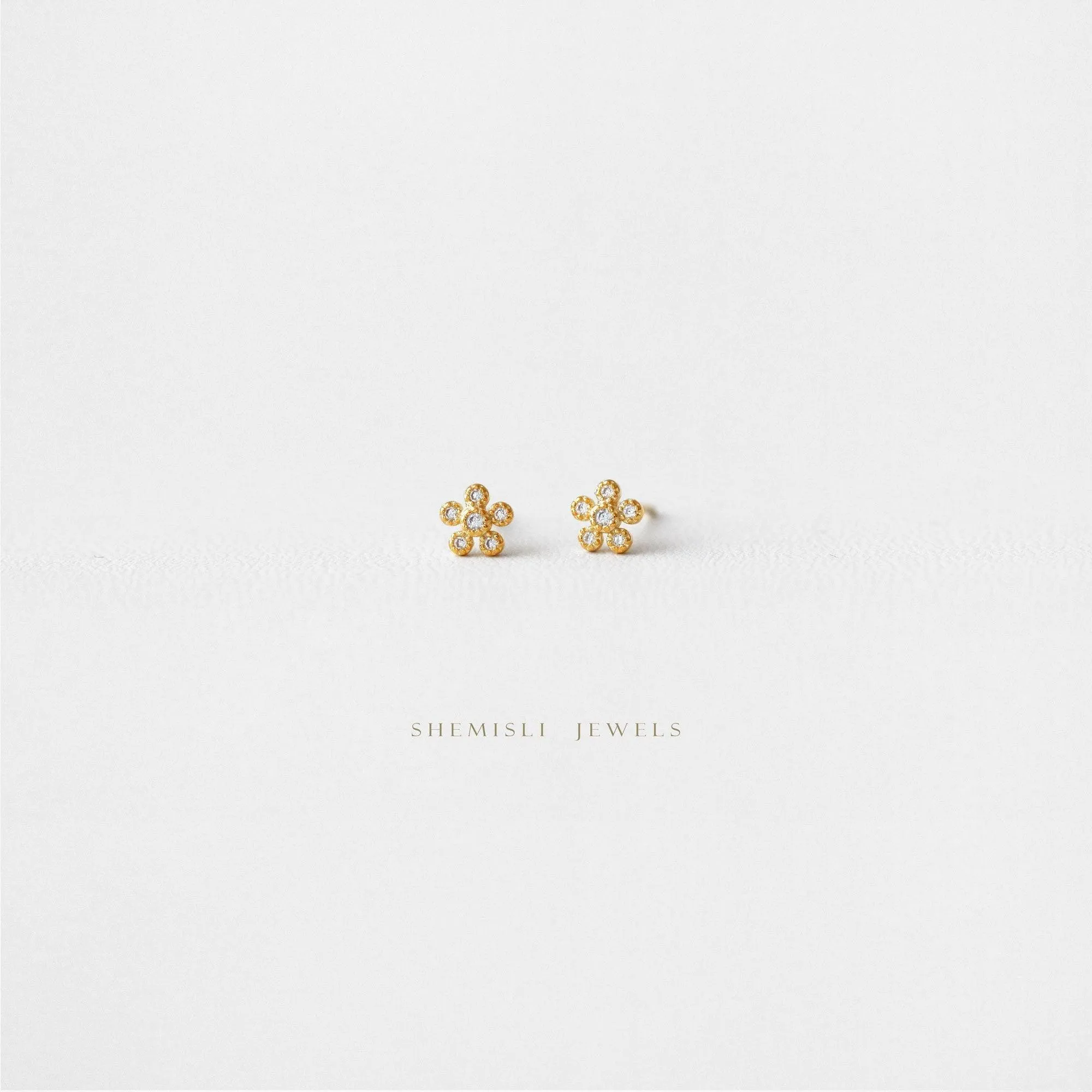 Tiny CZ Flower Studs Earrings, Gold, Silver SHEMISLI SS135