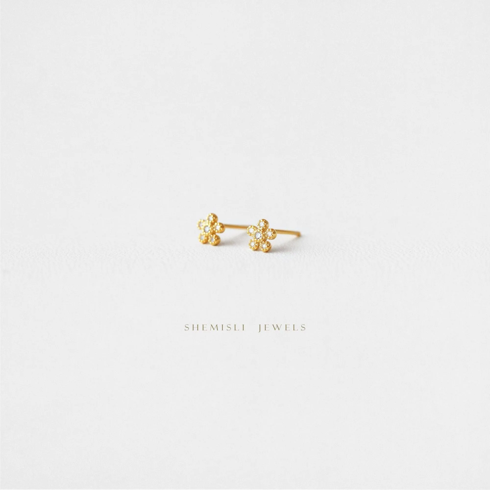 Tiny CZ Flower Studs Earrings, Gold, Silver SHEMISLI SS135