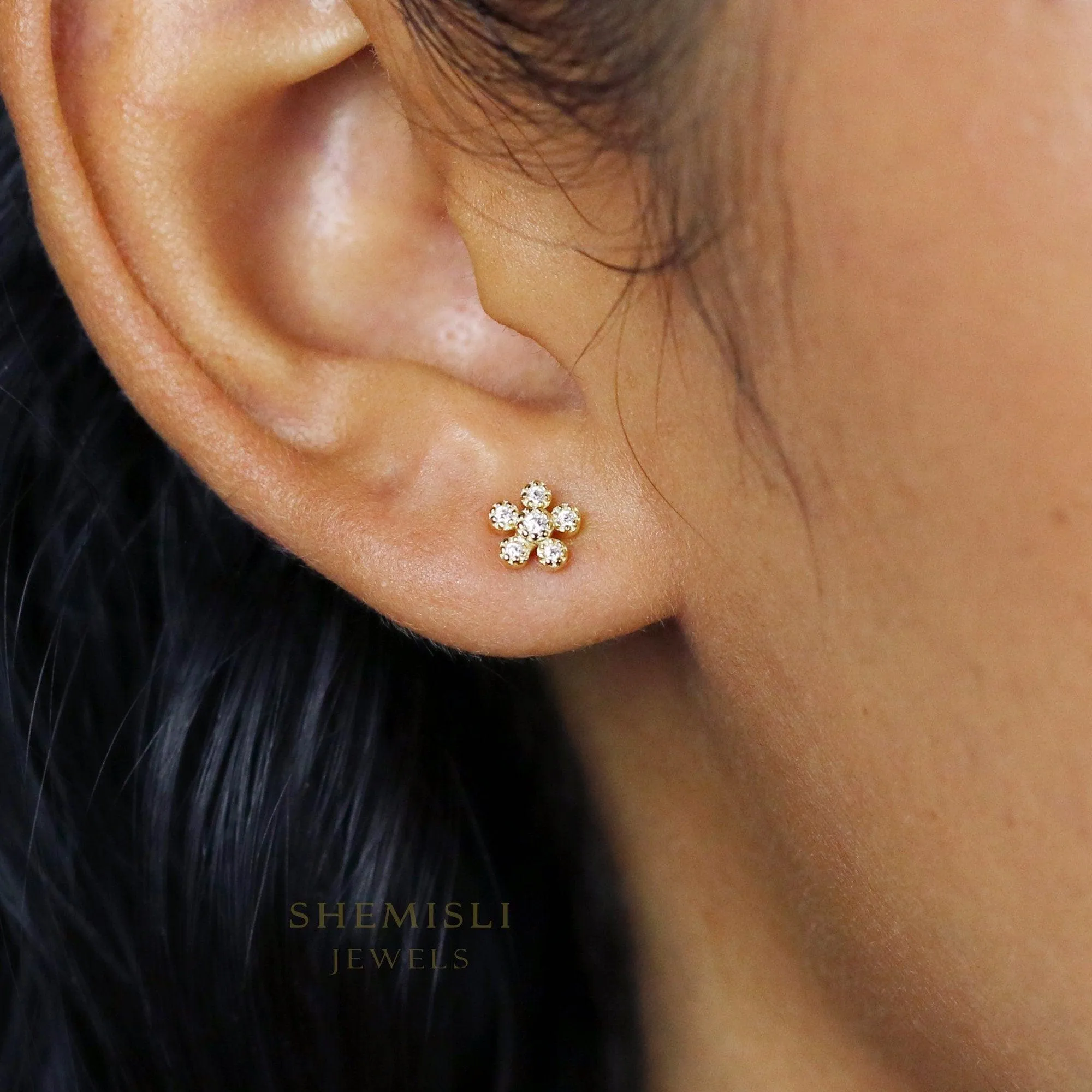 Tiny CZ Flower Studs Earrings, Gold, Silver SHEMISLI SS135
