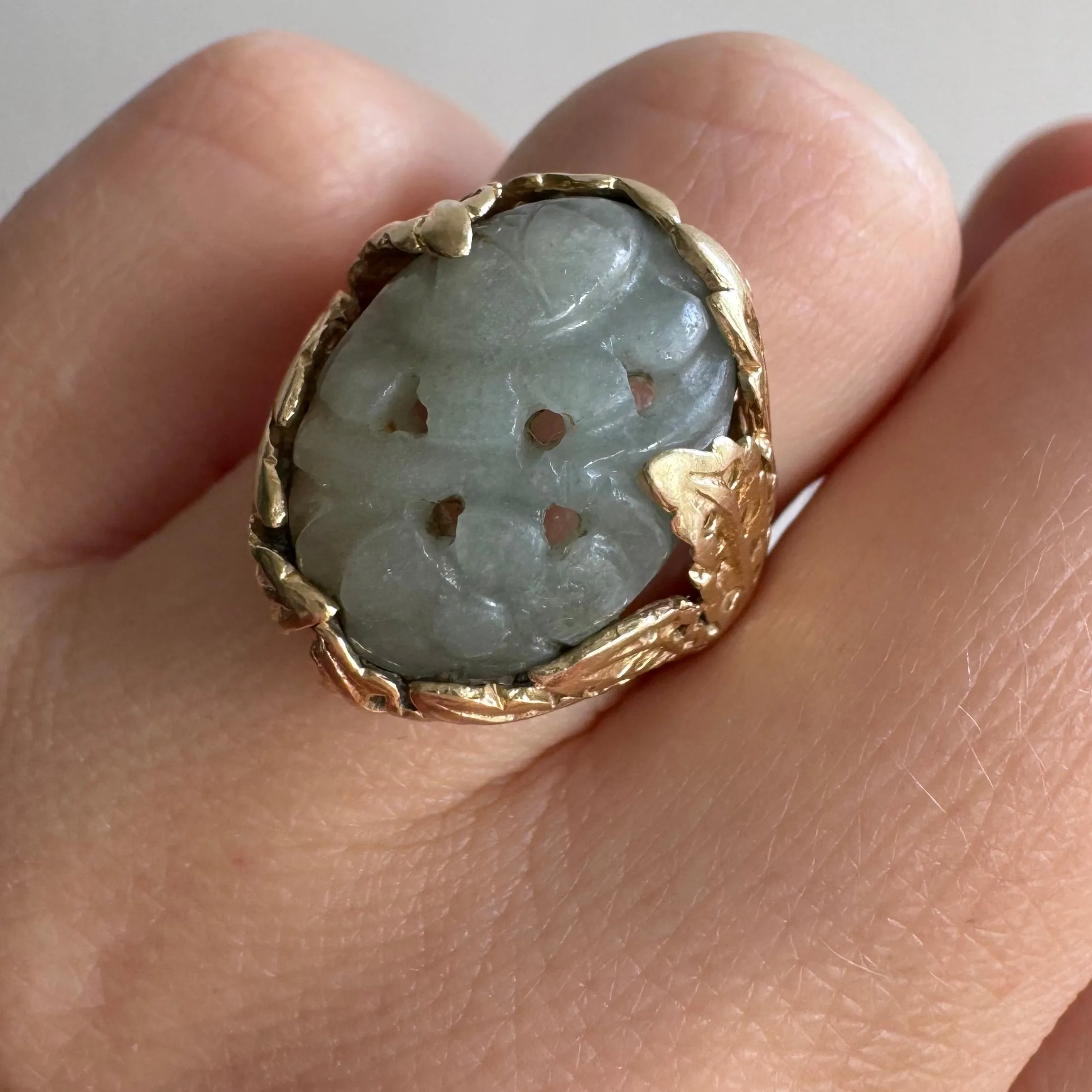 V I N T A G E // in a forest of ferns / 14k and jade floral and leaf statement ring / size 4.25