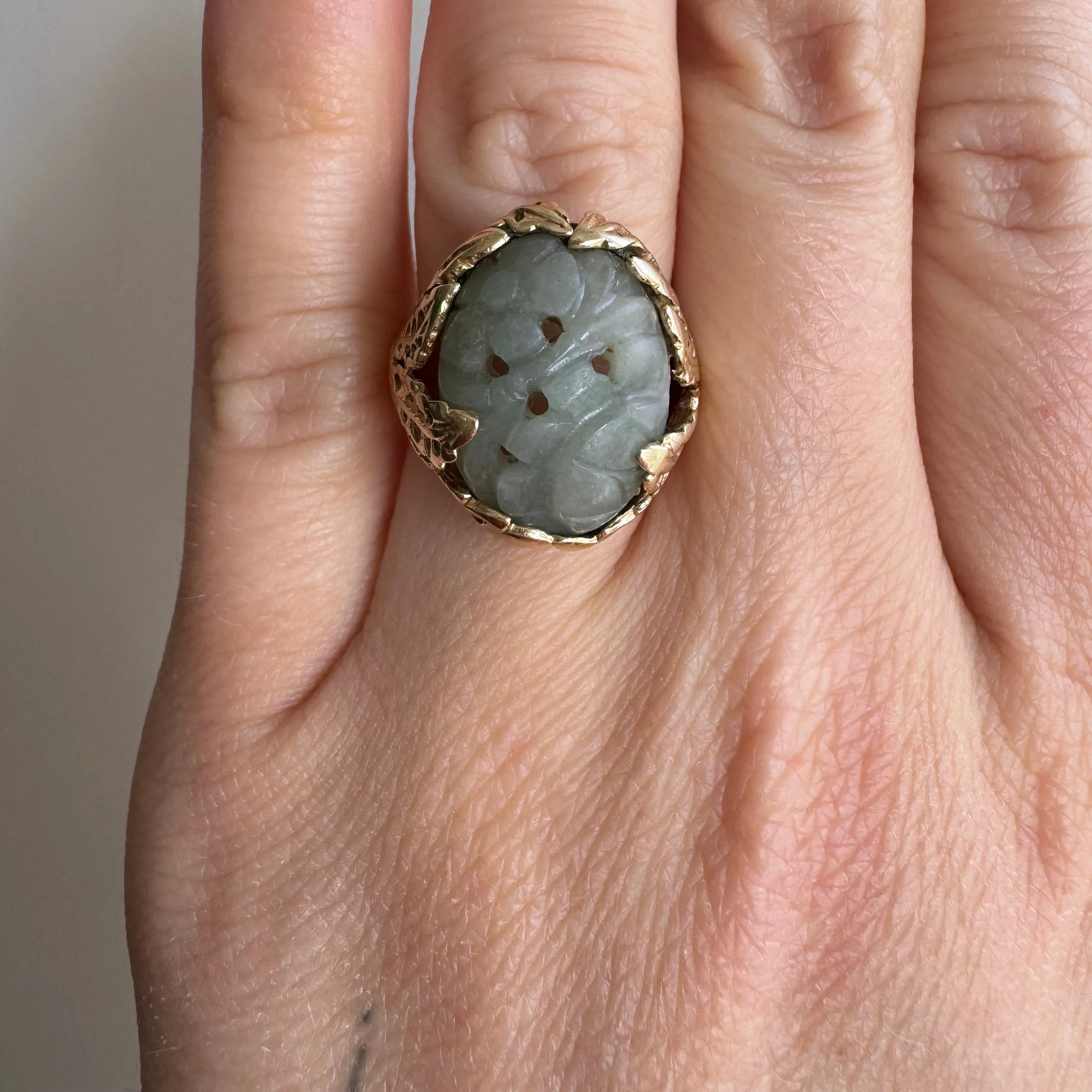 V I N T A G E // in a forest of ferns / 14k and jade floral and leaf statement ring / size 4.25