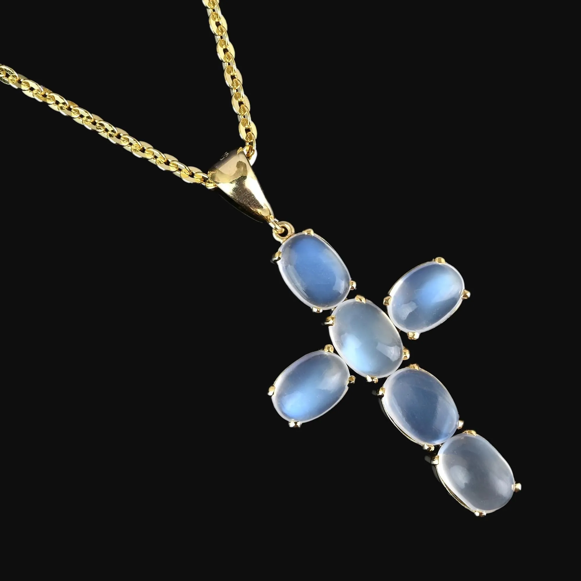Vintage Cabochon Moonstone Cross Pendant in 14K Gold
