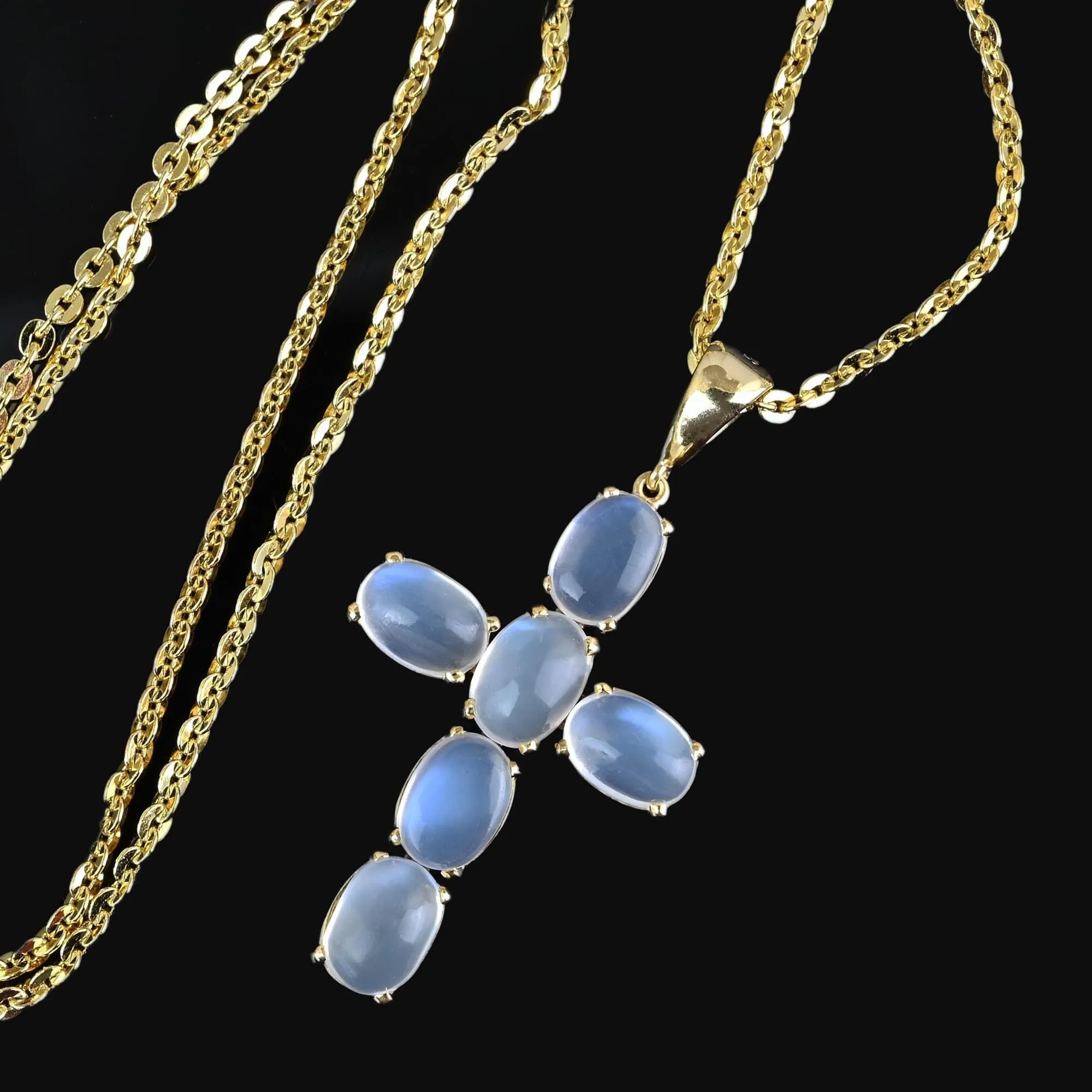 Vintage Cabochon Moonstone Cross Pendant in 14K Gold