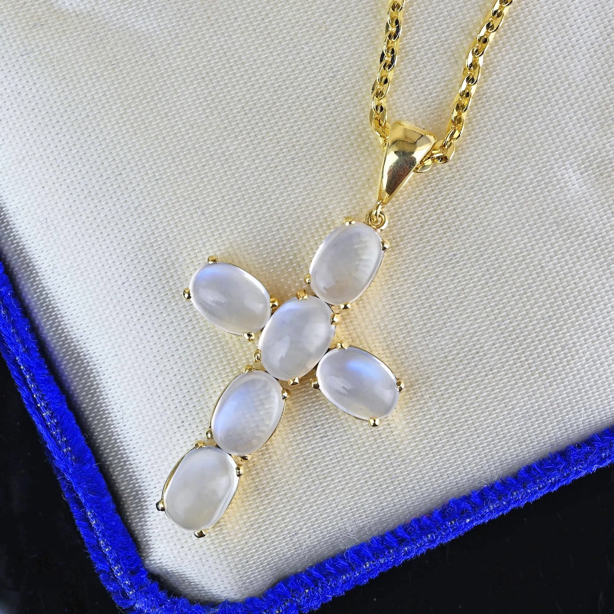 Vintage Cabochon Moonstone Cross Pendant in 14K Gold