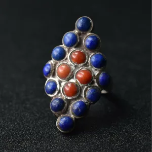 Vintage Lapiz and Coral Tibetan Silver Ring