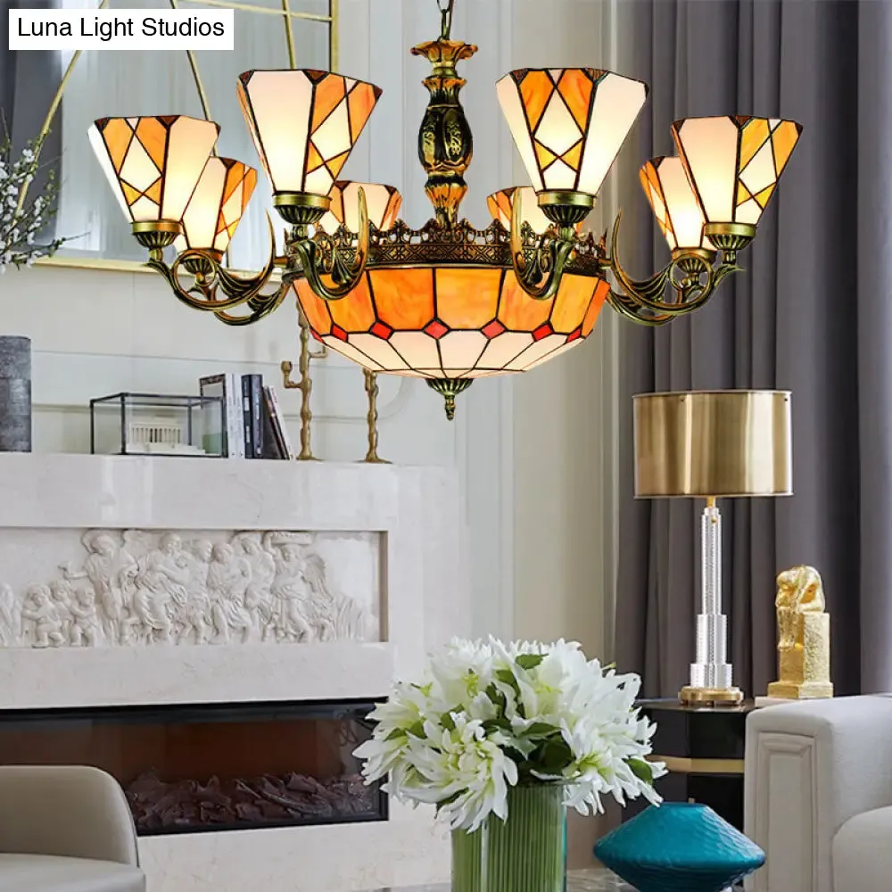 Vintage Stained Glass Chandelier with 11 Yellow Pendant Lights
